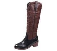 Botas de Montar en Motocicleta de Cuero para Mujer,Botas de Trabajo clásicas Antideslizantes,Botas Occidentales Tradicionales de Patchwork Bordadas para Turismo,Negro,40 EU
