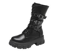 Botas de moto para mujer, punta redonda, media altura con suelas gruesas, con hebilla de gurter, botas de vaquero de piel, monocolor, clásicas, botas occidentales, botas altas, Negro , 41 EU