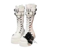 Botas de motocicleta con plataforma para mujer, cuñas altas hasta la rodilla, con cordones, a la moda, góticas, góticas, punk, para niñas (blanco, 42)