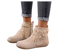 Botas de Mujer con Flecos Invierno Botines de Punta Redonda con Puntera Redonda con Hebilla Ante y Tacón Bajo Estilo Vintage con Plataforma Gamuza y Plano con Borlas Zapatos para Inicio Trabajo