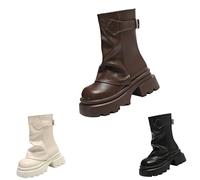 Botas de mujer con plataforma gótica, punk, botines para mujer, con tacón, tacón en bloque, suela de perfil, botas de moto, con hebilla, botas de saltar, botas cortas de piel, punta redonda, Blanco