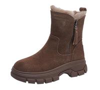 Botas de mujer de cuero tacón bloque invierno forrado primavera y otoño moda botas gruesas terciopelo cremallera medio tubo plano antideslizante grueso algodón zapatos mediados botas de tubo medio
