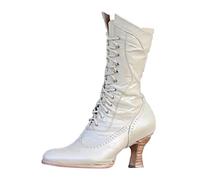 Botas de mujer de media altura invierno comercio exterior Europa Estados Unidos británico tacón cuadrado con cordones botas occidentales, botines de mujer botas de plataforma botas cortas, Blanco, 37