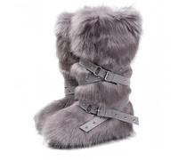 Botas de nieve de piel falsa de rodilla alta/mediana de ternera de las mujeres con correas de remache zapatos de invierno cómodos peludos peludos del dedo del pie redondo de la piel cálida Y2K