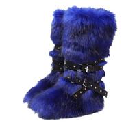 Botas de nieve de piel falsa de rodilla alta/mediana de ternera de las mujeres con correas de remache zapatos de invierno cómodos peludos peludos del dedo del pie redondo de la piel cálida Y2K