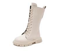 Botas de niña a media pantorrilla botas escolares con cordones con cremallera planas, de moda, cómodas, con punta redonda, suela suave, zapatos para niños de piel cálidos occidentales, bota clásica