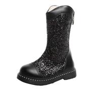 Botas de niña con lentejuelas para medianos y mayores con cremallera trasera, botas altas hasta la pantorrilla para pasarelas, botas de invierno para niñas, color plateado, Negro , 33.5 EU