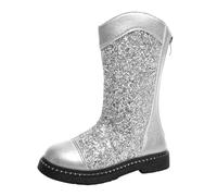 Botas de niña con lentejuelas para medianos y mayores con cremallera trasera, botas altas hasta la pantorrilla para pasarelas, botas de invierno para niñas, color plateado, plata, 30.5 EU