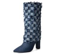 Botas de Pierna con puños de Mezclilla dobladas a Cuadros para Mujer,Botas hasta la Rodilla Azules de tacón Alto Grueso con Punta Sexy,Botas largas de Fiesta de Moda cómodas,Azul,38 EU