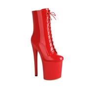 Botas de Pole Dance de 20 cm, Tacones de Aguja exóticos con Plataforma, Botas de Charol con Punta Redonda, Cordones y Cremallera.,Rojo,42 EU