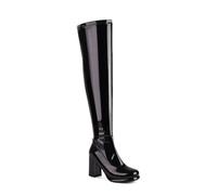 Botas de punta elástica de moda para mujer por encima de la rodilla Botas largas de moda para mujer grandes con tacón grueso botas de pintura bajas, Negro , 36 EU