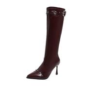 Botas de punta puntiaguda para mujer, botas de tacón de aguja de media pantorrilla, remache con cremallera lateral, botas de motocicleta de color sólido, cuero sintético, con hebilla, zapatos largos y