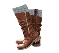 Botas de punto cálidas de invierno con tacón bajo, botas de pantorrilla ancha para mujer, suéter retro de punta redonda, puños fruncidos, botas occidentales con cremallera lateral, botas de senderismo