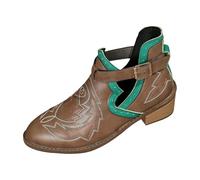 Botas de senderismo para mujer, con puntera puntiaguda, bordadas, tacón grueso, fáciles de poner y quitar, botines de cuero romano con hebilla, ideales para otoño, senderismo, actividades al aire