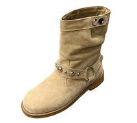 Botas de tacón bajo de ante con punta redonda para mujer, para primavera y otoño, invierno, con hebilla, versátiles, a la moda, de tubo bajo, botas de tacón plano para mujer, Khaki, 40 EU