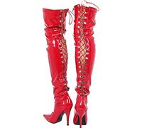 Botas de tacón de aguja para mujer, sexy, hasta el muslo, fetiche, por encima de la rodilla, gancho completo, con cordones y cremallera lateral, tallas 36 a 46, rojo (Red Patent), 41 EU