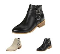 Botas de tacón de bloque para mujer, con cremallera lateral, puntera puntiaguda, botas inteligentes para negocios, oficina, trabajo, botas de doble hebilla, botines elegantes para exteriores para