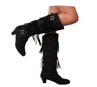 Botas De Tacón Tradicionales for Mujer Boots Largas Vintage Con Flecos Botas De Tubo Ancho Sin Cordones Con Hebillas Boots De Montar De Gamuza Impermeables Tacones Altos De Talla Grande(Black,38 EU)