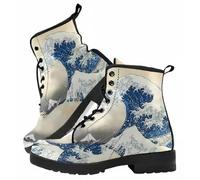 Botas de tobillo de impresión de cráneo y floral de las mujeres - Botas de combate góticas elegantes Botas de cuero de plataforma de tacón grueso de encaje para las niñas Señoras Navidad de Halloween