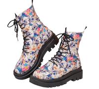 Botas de tobillo de impresión de cráneo y floral de las mujeres - Botas de combate góticas elegantes Botas de cuero de plataforma de tacón grueso de encaje para las niñas Señoras Navidad de Halloween