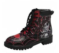 Botas de tobillo de impresión de cráneo y floral de las mujeres - Botas de combate góticas elegantes Botas de cuero de plataforma de tacón grueso de encaje para las niñas Señoras Navidad de Halloween