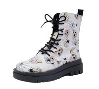Botas de tobillo de impresión de cráneo y floral de las mujeres - Botas de combate góticas elegantes Botas de cuero de plataforma de tacón grueso de encaje para las niñas Señoras Navidad de Halloween