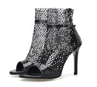 Botas de tobillo de malla con diamantes de imitación para mujer, de verano, brillantes, de red, puntera abierta, tacón de aguja, cremallera trasera, botas transpirables, Black, 37.5 EU