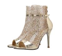 Botas de tobillo de malla con diamantes de imitación para mujer, de verano, brillantes, de red, puntera abierta, tacón de aguja, cremallera trasera, botas transpirables, Gold, 38 EU