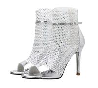 Botas de tobillo de malla con diamantes de imitación para mujer, de verano, brillantes, de red, puntera abierta, tacón de aguja, cremallera trasera, botas transpirables, Silver, 37.5 EU
