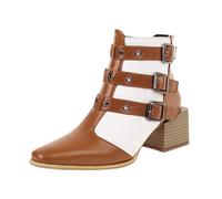 Botas de tobillo de tacón medio para mujer de moda europea y hebilla de cinturón a juego para mujer 2025 con cabeza redonda, cremallera trasera, pantorrilla grande, Orange, 38 EU