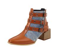 Botas de tobillo de tacón medio para mujer de moda europea y hebilla de cinturón a juego para mujer 2025 con cabeza redonda, cremallera trasera, pantorrilla grande, Blue, 38.5 EU