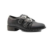 Botas de tobillo de trabajo para mujer con tacón bajo con tachuelas y hebillas, color Negro, talla 40 EU