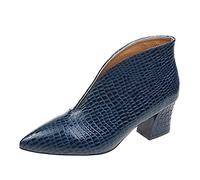 Botas de tobillo para mujer con patrón dividido del Reino Unido, botas retro de piel de serpiente, botas puntiagudas, tacón de bloque medio, botas de vestir de color sólido, fáciles de limpiar