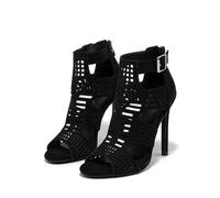 Botas de tobillo para mujer, de malla brillante, puntera abierta, tacón de aguja alto, cremallera, sandalias elegantes, negro 1, 37.5 EU