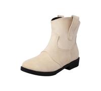 Botas de tobillo para mujer, de tacón bajo, ajuste ancho, a la moda, puntera redonda, botas occidentales para mujer, color beige, corto, acogedor, cálido, de gamuza, color sólido, talla grande, botas