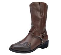 Botas de vaquero para mujer, botas occidentales, botas casuales, botines con bordado retro, botines para mujer, color puro, punta redonda, tacón bajo, botas altas con cremallera lateral, café, 38 EU