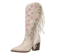Botas de vaquero para mujer, botas occidentales para mujer, botines de ancho medio, botas bordadas en la pantorrilla, botas retro con patrón de estrellas, botas de entretiempo puntiagudas, punta media