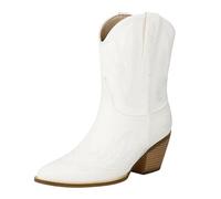 Botas de vaquero para mujer, botas occidentales para otoño, punta puntiaguda, tacones, botines monocromáticos con flores antideslizantes, medias botas de cuero informales, tallas 37-41,5 EU, Blanco