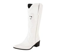 Botas de vaquero para mujer, de invierno, botines para mujer, color blanco, tacón grueso, sin cierre, medias botas de cuero auténtico, botas de equitación al aire libre, tacones altos, Blanco, 40 EU