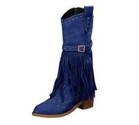 Botas de vaquero para mujer, de piel, con flecos, con cremallera lateral, tacón de bloque, botas de motorista, botas de media altura, elegantes para mujer, botas de motorista, botas informales, azul