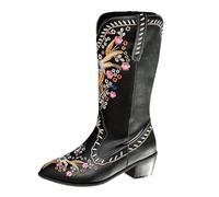 Botas de vaquero para mujer, de piel negra, botas de invierno para mujer, impermeables, con estampado floral, botas occidentales de encaje, botines cortos, botas cálidas y cortas, con soporte de arco
