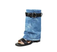 Botas De Verano De Cuero PU con Punta Abierta para Mujer Tacón De Bloque Medio Sandalias De Vestir Tirón Botas Largas con Hebilla,Armada,46 EU