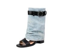 Botas De Verano De Cuero PU con Punta Abierta para Mujer Tacón De Bloque Medio Sandalias De Vestir Tirón Botas Largas con Hebilla,Azul,46 EU