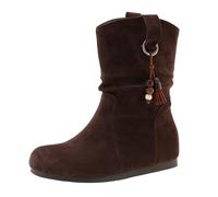 Botas fruncidas a media pantorrilla para mujer, botas planas de gamuza sintética con dije de borla de cuentas, calzado cómodo para salidas casuales y fines de semana relajados, zapatos de otoño