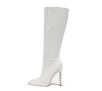 Botas hasta la Rodilla de Piel elástica con tacón Grueso para Mujer | Tacones Altos cómodos para Bodas, Bailes, Discotecas y Festivales,Blanca,40.5 EU