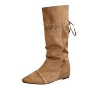 Botas holgadas de media pantorrilla para mujer, botas vaqueras de ajuste ancho para mujer, botines de campo fruncidos, zapatos de boda con cordón para exteriores, zapatos planos para otoño e invierno