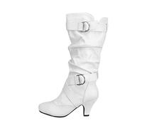 Botas holgadas de media pantorrilla para mujer con correa de hebilla, botas de moda de tacón medio para mujer, diseño de punta redonda puntiaguda, plantilla acolchada, eje estructurado, costuras retro