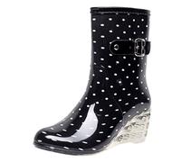 Botas impermeables con cremallera para mujer, botas de lluvia para mujer, botas de lluvia a media pantorrilla con correa de hebilla y tacón de cuña, calzado elegante para salidas informales, viajes de