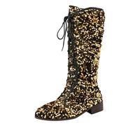 Botas Invierno Botas de Media para Mujer, Nuevo patrón, decoración de Lentejuelas a la Moda, Cordones Retro, Tacones Gruesos, Zapatos cómodos tacón bajo