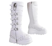 Botas largas para mujer, de tacón alto, decoración de metal, plataforma gótica, correa de hebilla de piel, botas femeninas, White, 45 EU